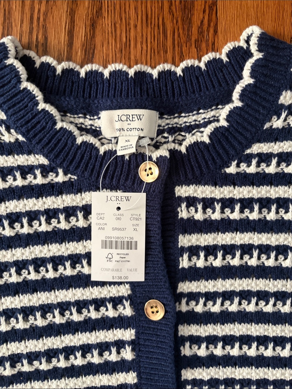 J.Crew Factory Navy & White Striped Knit Button-Front Cardigan (XL) 100% Cotton - Picture 2 of 3